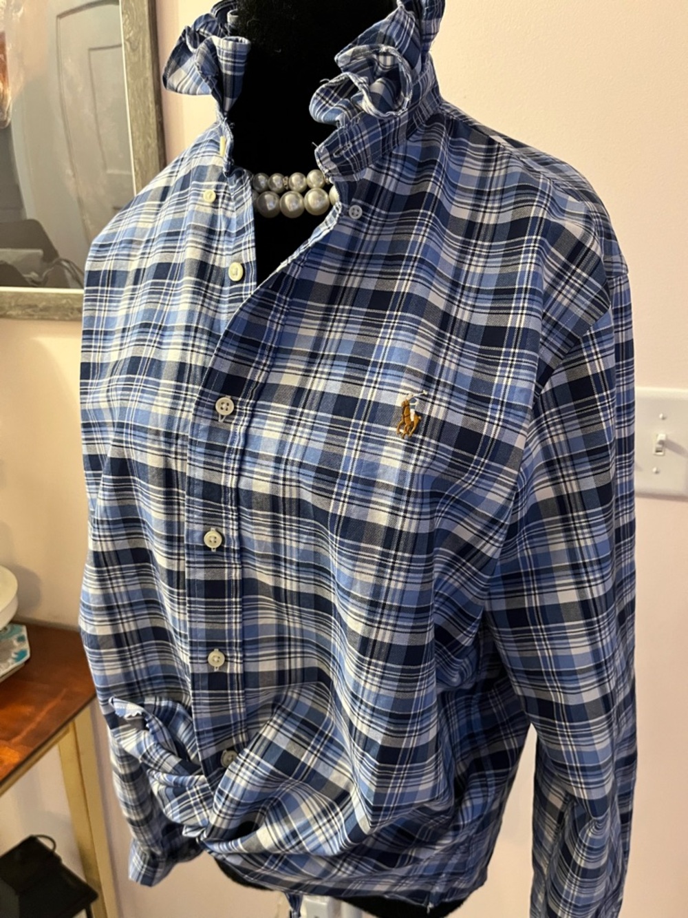 Upcycled Ralph Lauren Navy and Light Blue Plaid Shirt with ruffle collar - Picture 2 of 7